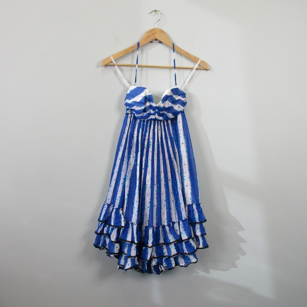 Betsey Johnson Halter Ruffle Dress 2 Blue Stripe VTG y2k Silk Babydoll 230